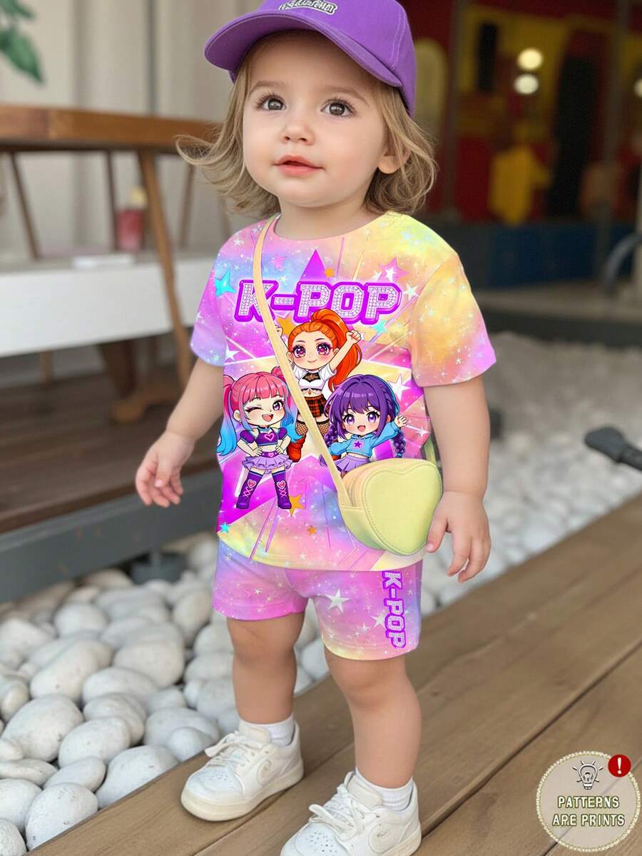 Casual Short Sleeve Top & Matching Shorts Set for Infant Girls