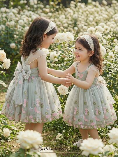 Little Girls Floral Print Sleeveless Dress With Bow Tie Waist Cute Summer Outfit