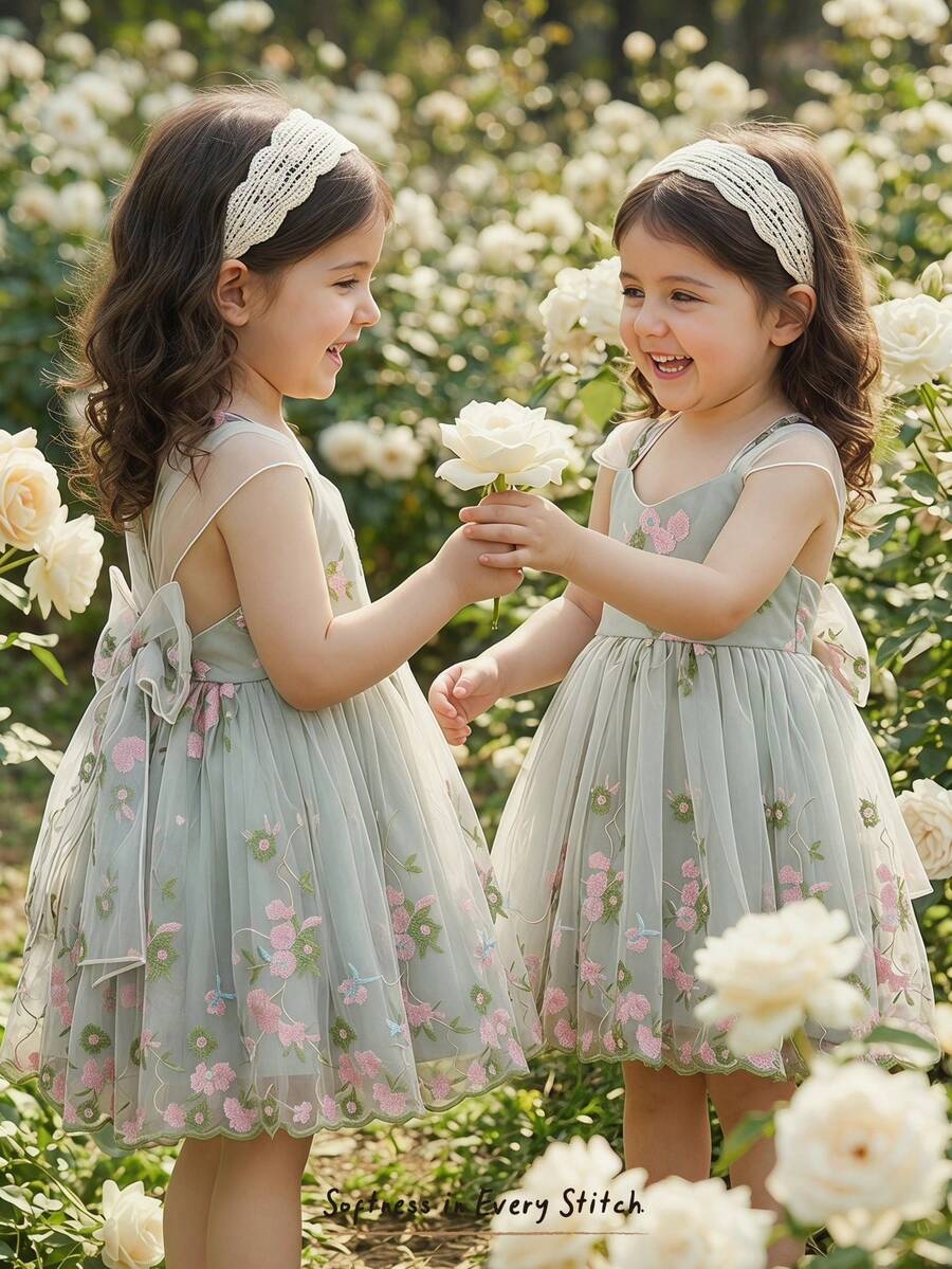 Little Girls Floral Print Sleeveless Dress With Bow Tie Waist Cute Summer Outfit