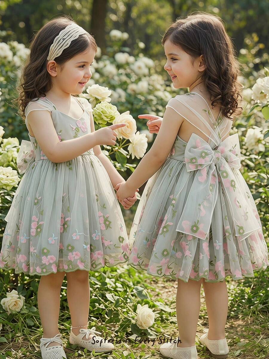 Little Girls Floral Print Sleeveless Dress With Bow Tie Waist Cute Summer Outfit