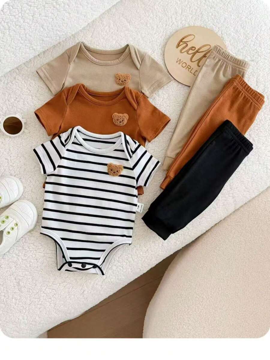 6pcs Baby Romper and Pants Set with Colorblock Stripes and Star Pattern for Spring and Summer