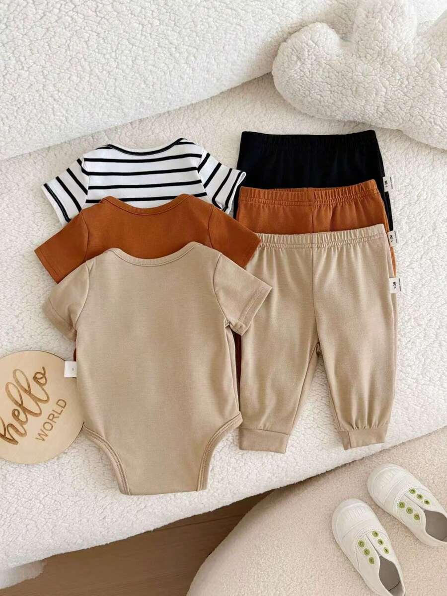 6pcs Baby Romper and Pants Set with Colorblock Stripes and Star Pattern for Spring and Summer
