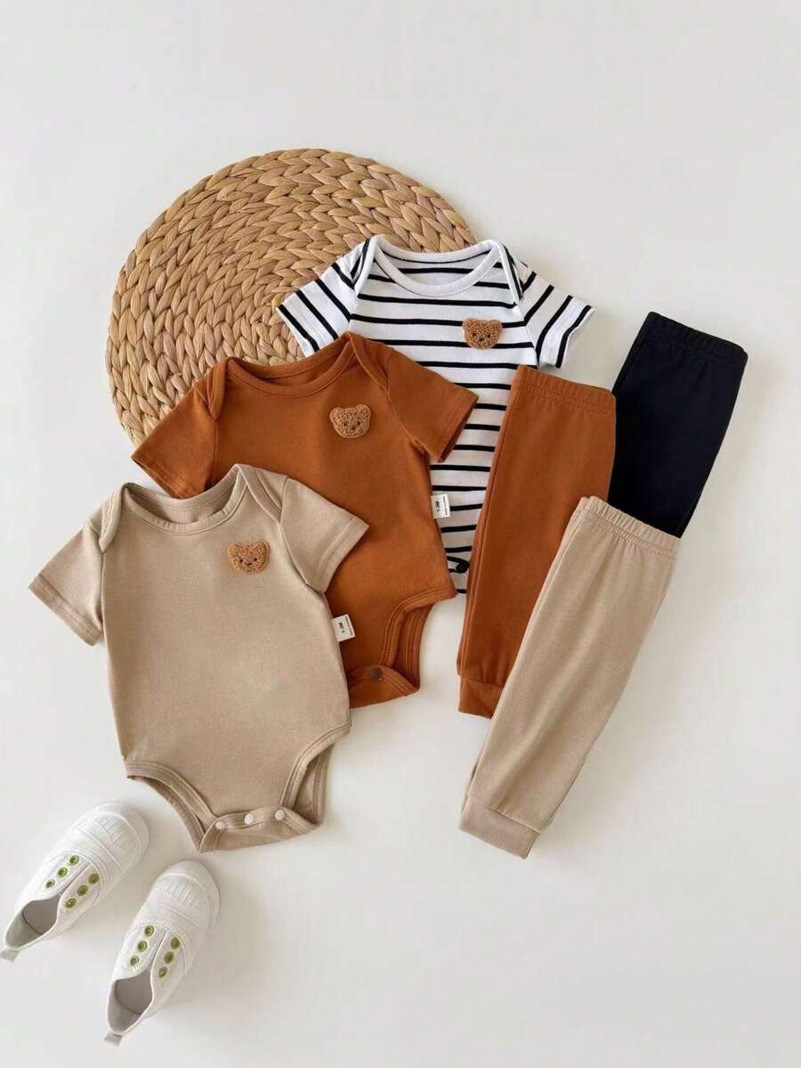 6pcs Baby Romper and Pants Set with Colorblock Stripes and Star Pattern for Spring and Summer