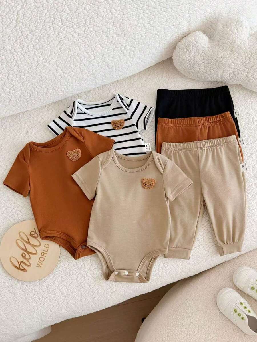 6pcs Baby Romper and Pants Set with Colorblock Stripes and Star Pattern for Spring and Summer