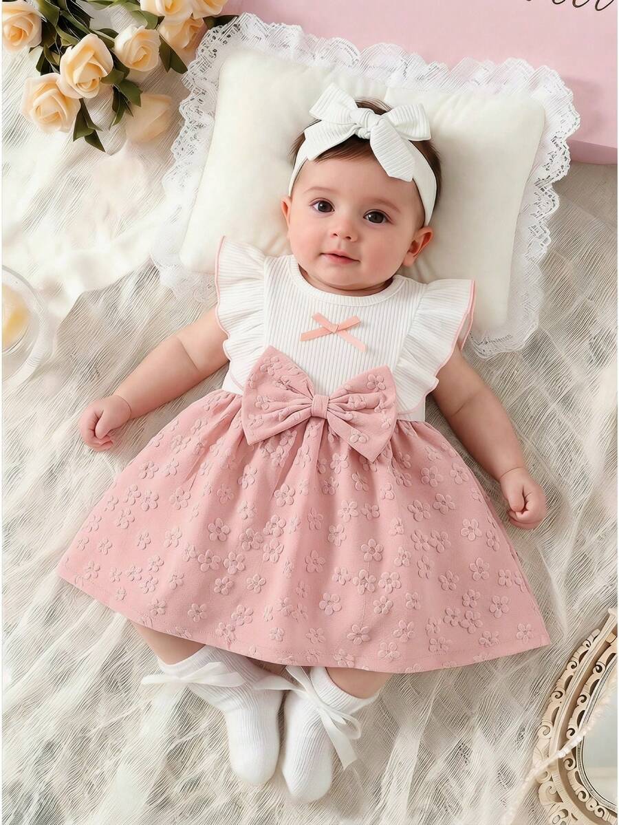 Baby Girl Brown Bowknot Sleeveless Puffy Dress for Casual Fall Outings