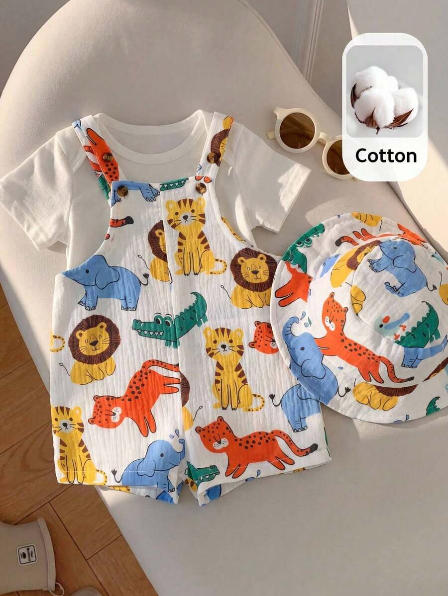 Baby Striped Bib Overalls and Bucket Hat 2 Piece Casual Summer Beach Outfit Set