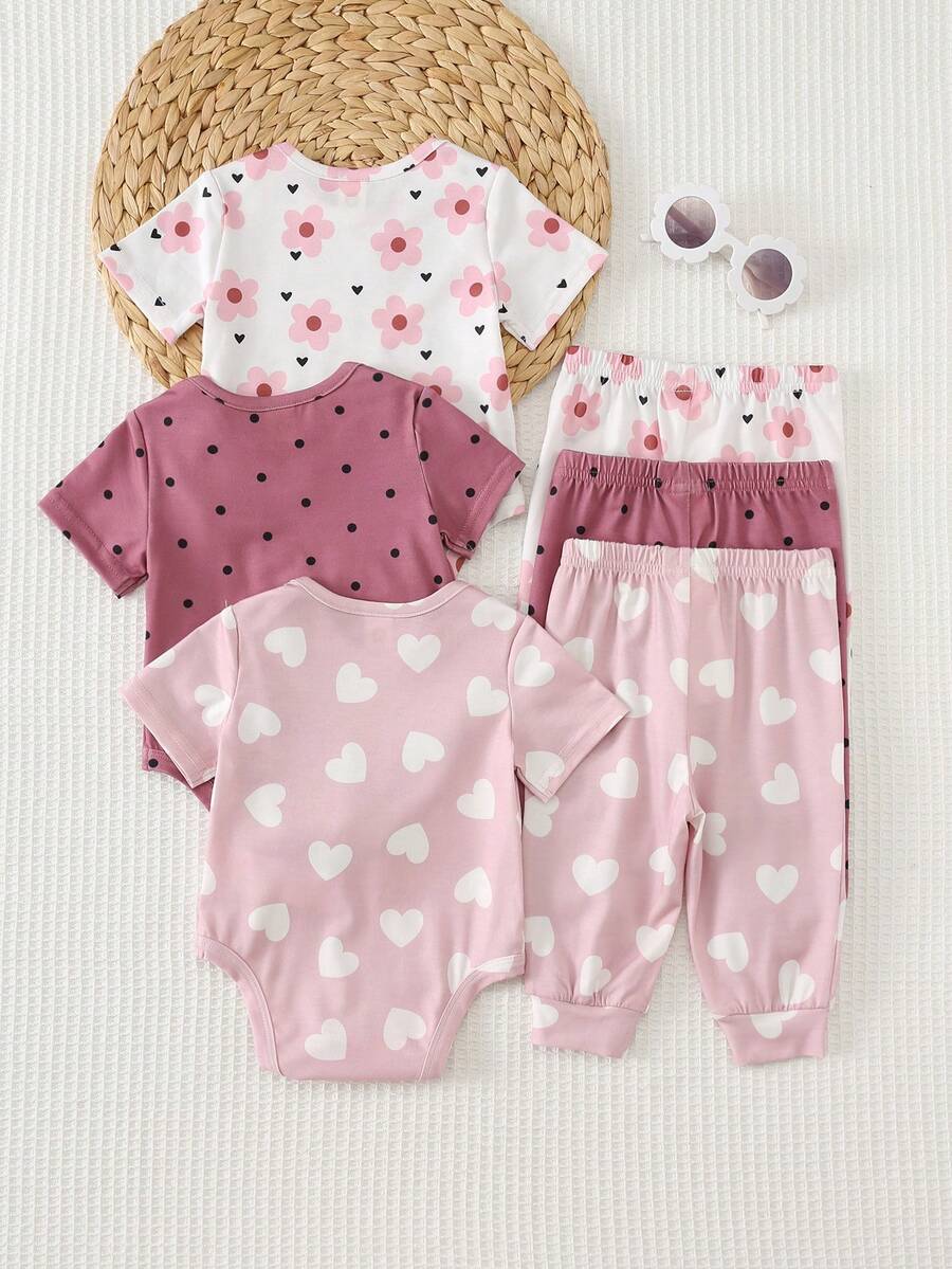 6pcs Baby Romper and Pants Set with Colorblock Stripes and Star Pattern for Spring and Summer