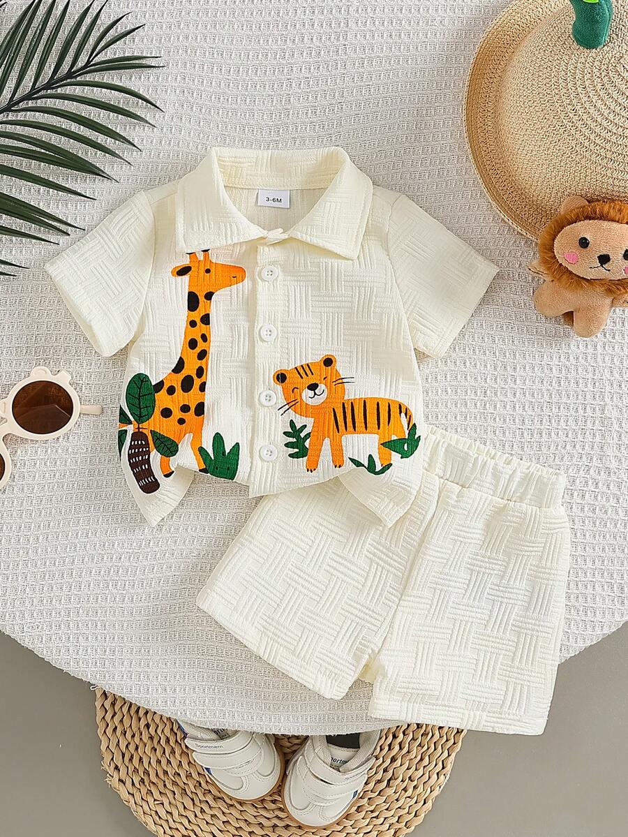 Baby Boy Cartoon Print Textured Shirt and Shorts 2 Piece Street Fashion Outfit Set
