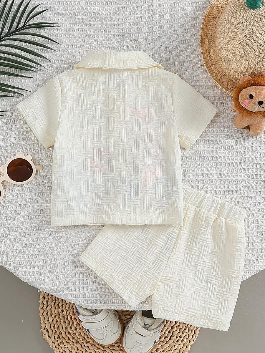 Baby Boy Cartoon Print Textured Shirt and Shorts 2 Piece Street Fashion Outfit Set