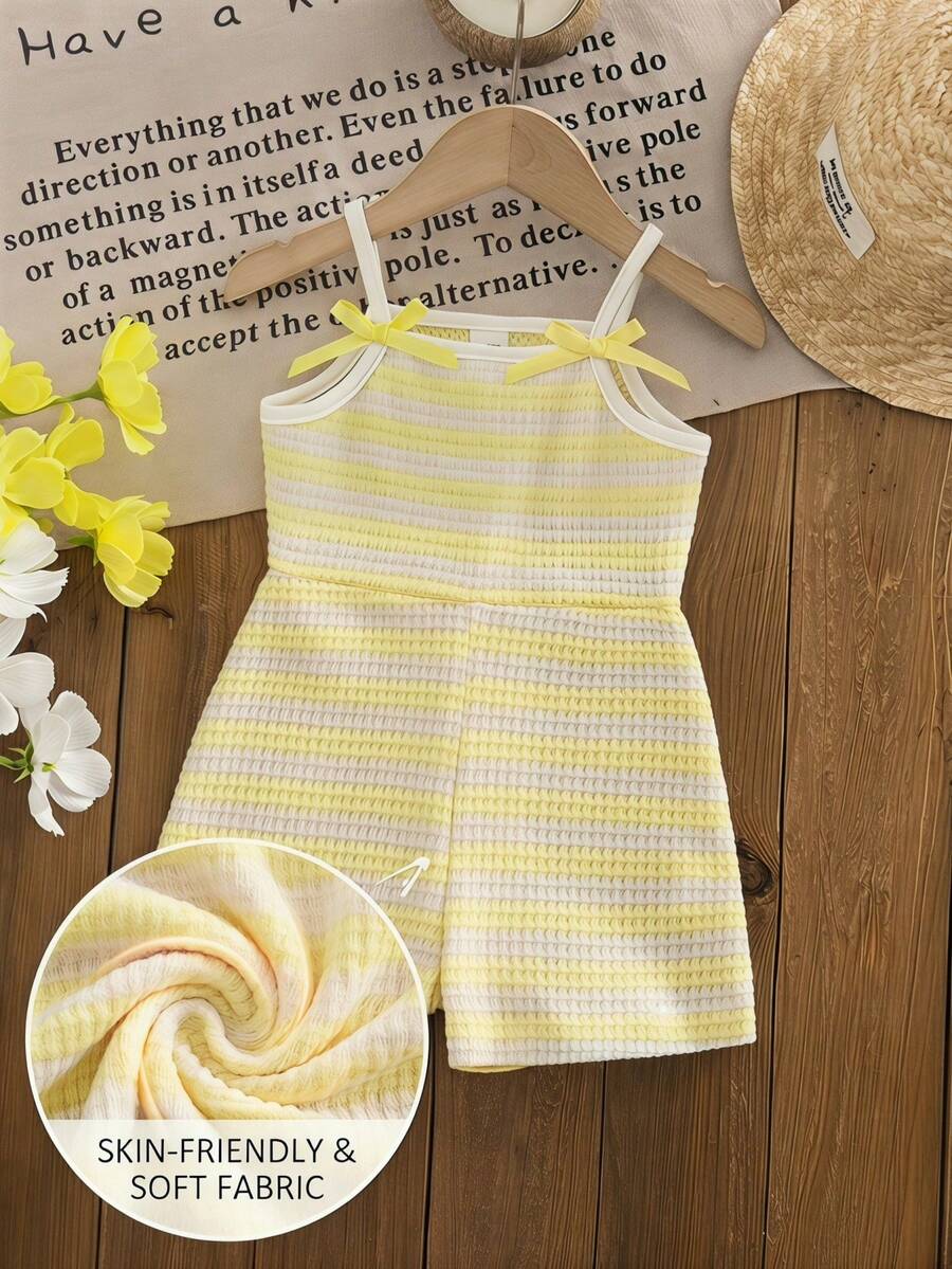 Cute Baby Girl Sleeveless Ribbed Short Jumpsuit With Bow Detail Casual Summer Wear