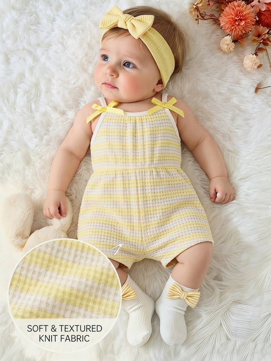 Cute Baby Girl Sleeveless Ribbed Short Jumpsuit With Bow Detail Casual Summer Wear