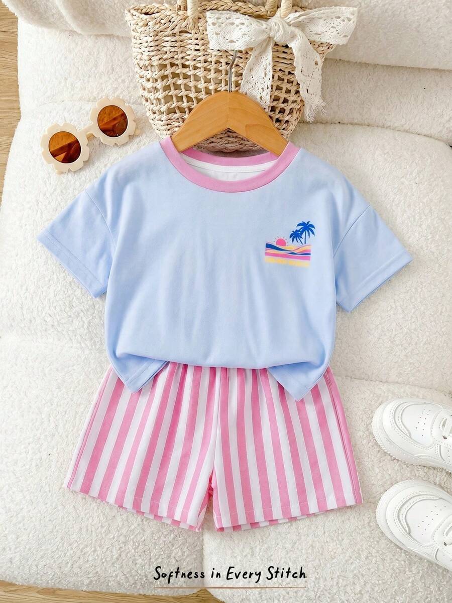 Rainbow Top And Elastic Waist Shorts Set For Toddler Girls Casual Wear