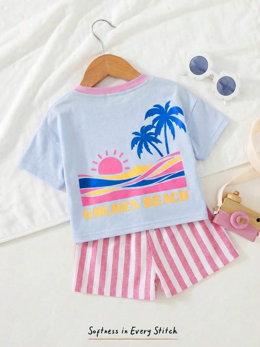 Rainbow Top And Elastic Waist Shorts Set For Toddler Girls Casual Wear