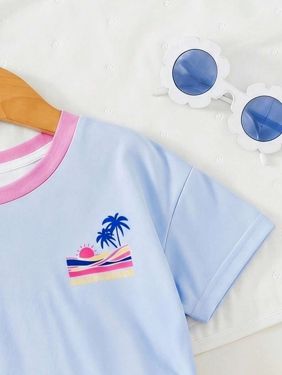 Rainbow Top And Elastic Waist Shorts Set For Toddler Girls Casual Wear