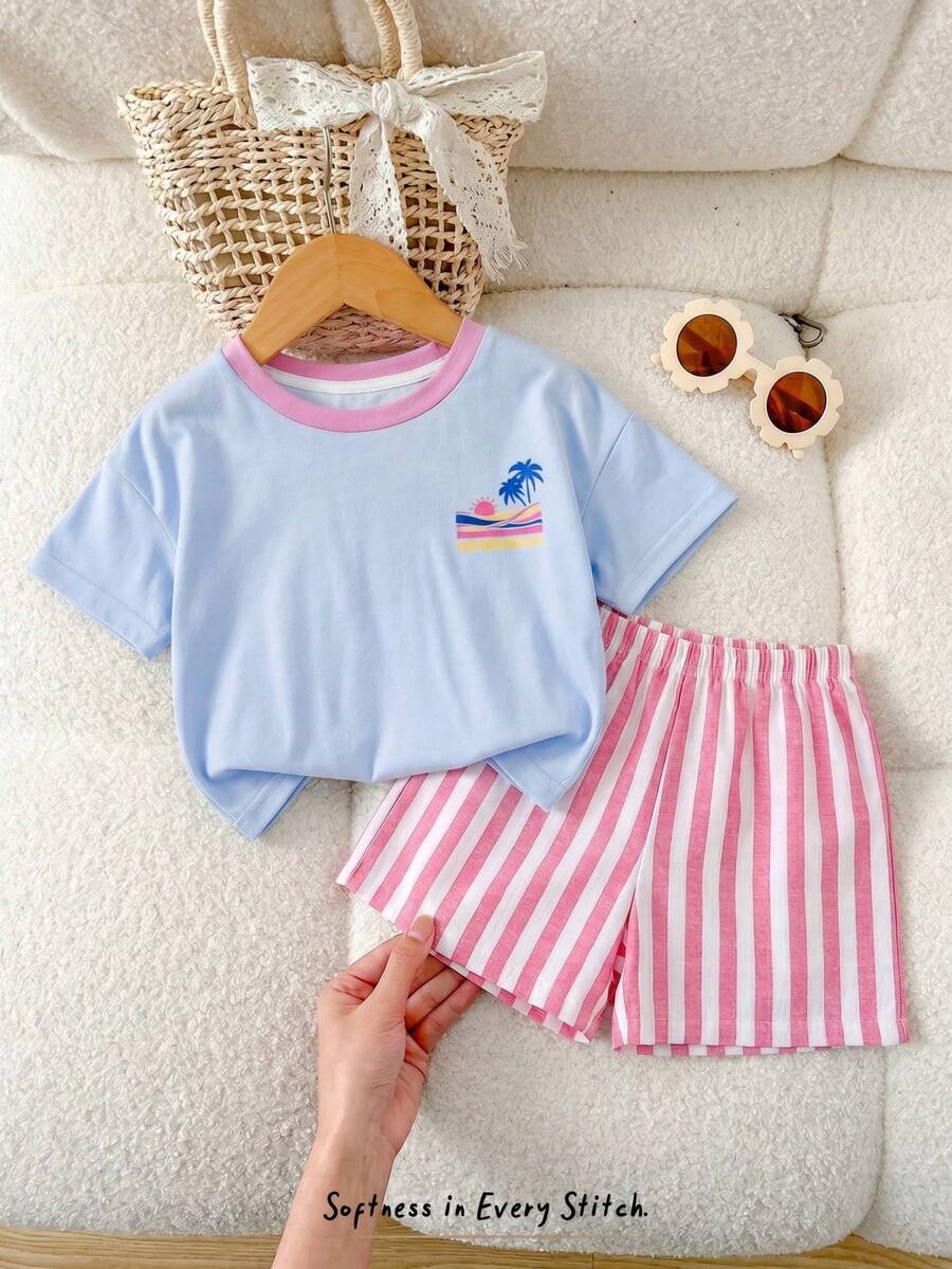 Rainbow Top And Elastic Waist Shorts Set For Toddler Girls Casual Wear