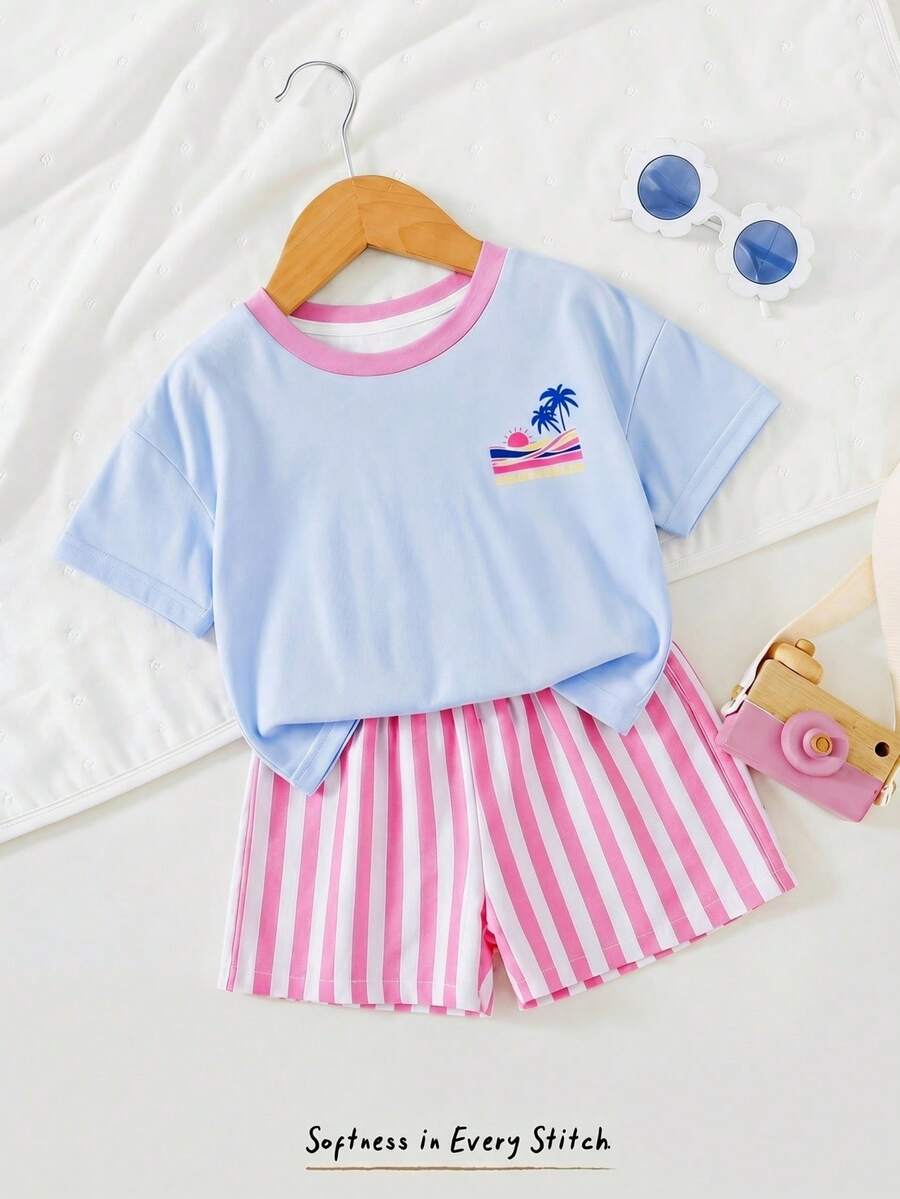 Rainbow Top And Elastic Waist Shorts Set For Toddler Girls Casual Wear
