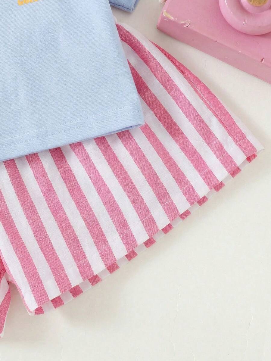 Rainbow Top And Elastic Waist Shorts Set For Toddler Girls Casual Wear