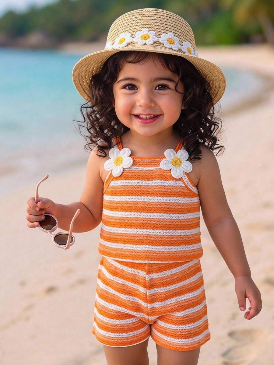 Striped Knit Camisole And Shorts Set For Baby Girls Summer Vacation Wear
