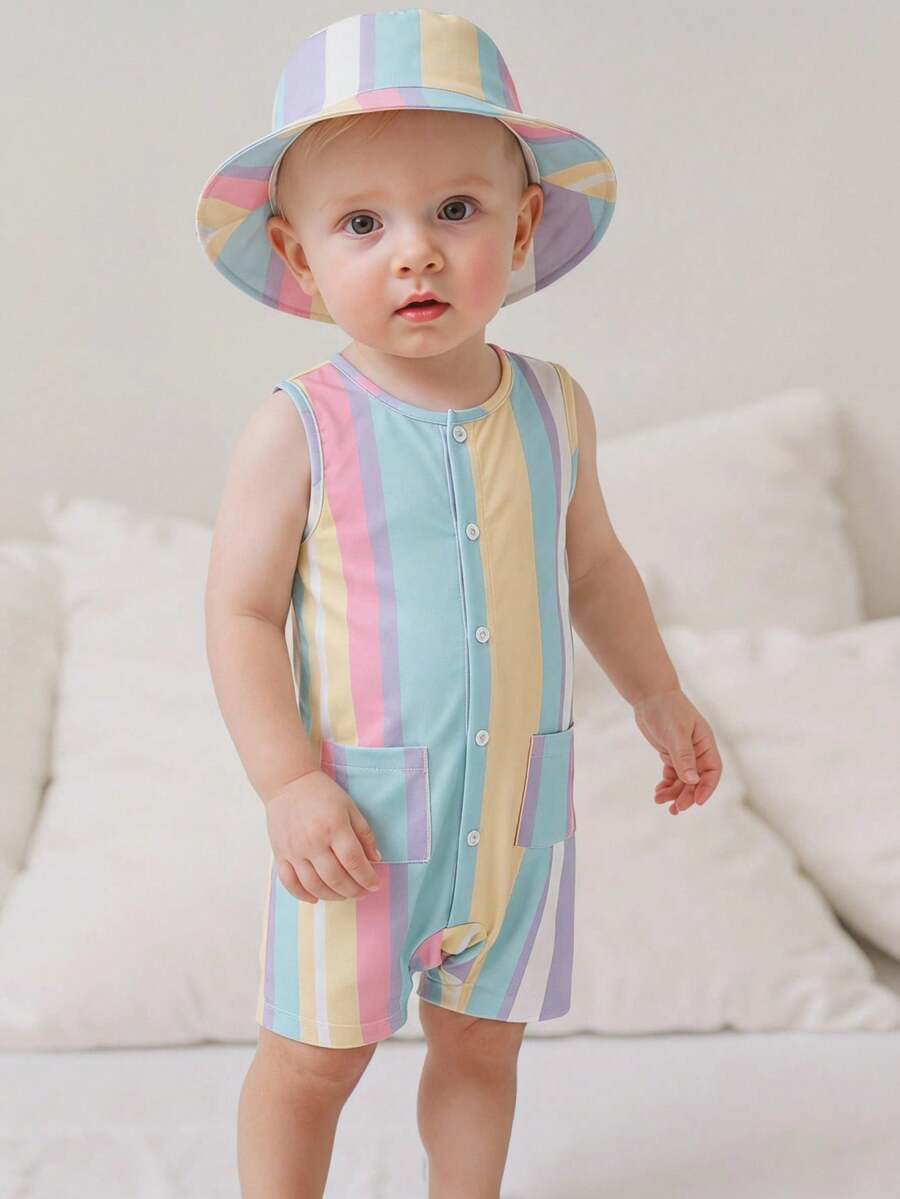 Unisex Baby Green White Striped Sleeveless Jumpsuit and Bucket Hat 2 Piece Summer Vacation Outfit Set