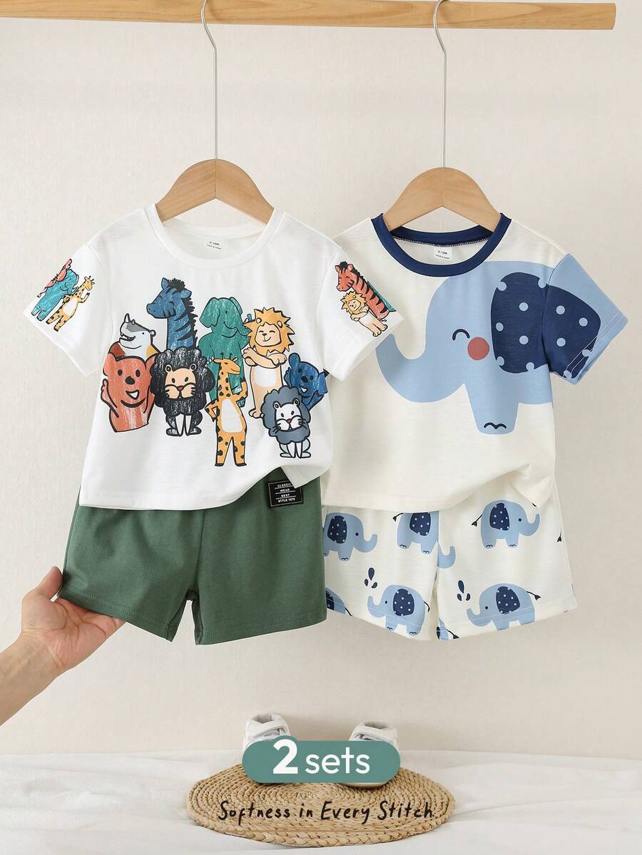 Baby Boy Animal Crayon Print T Shirt and Knitted Shorts 2 Piece Casual Spring Summer Outfit Set