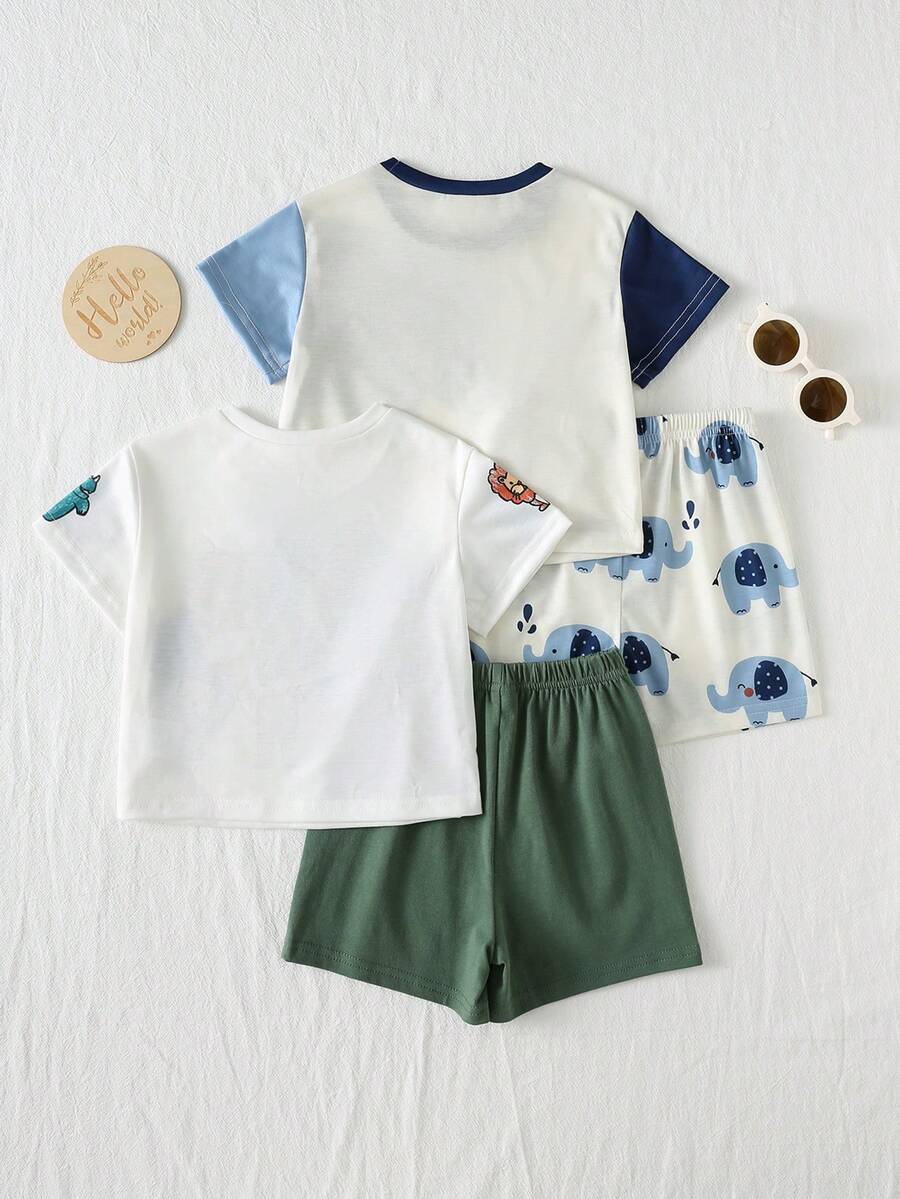 Baby Boy Animal Crayon Print T Shirt and Knitted Shorts 2 Piece Casual Spring Summer Outfit Set