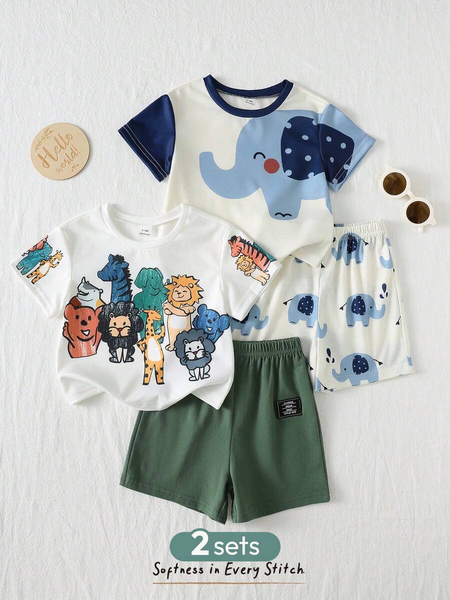 Baby Boy Animal Crayon Print T Shirt and Knitted Shorts 2 Piece Casual Spring Summer Outfit Set