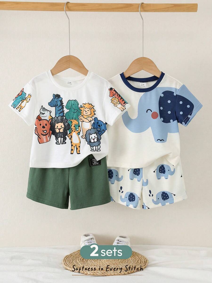 Baby Boy Animal Crayon Print T Shirt and Knitted Shorts 2 Piece Casual Spring Summer Outfit Set