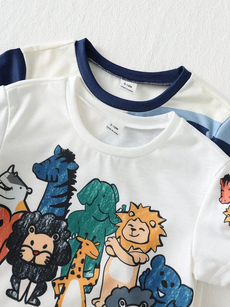 Baby Boy Animal Crayon Print T Shirt and Knitted Shorts 2 Piece Casual Spring Summer Outfit Set