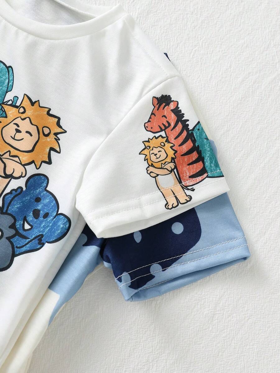 Baby Boy Animal Crayon Print T Shirt and Knitted Shorts 2 Piece Casual Spring Summer Outfit Set