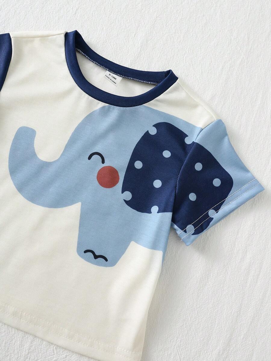 Baby Boy Animal Crayon Print T Shirt and Knitted Shorts 2 Piece Casual Spring Summer Outfit Set