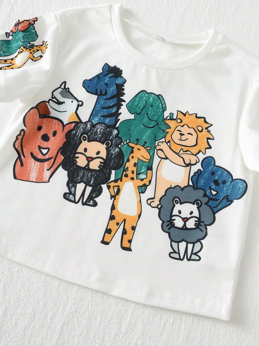 Baby Boy Animal Crayon Print T Shirt and Knitted Shorts 2 Piece Casual Spring Summer Outfit Set