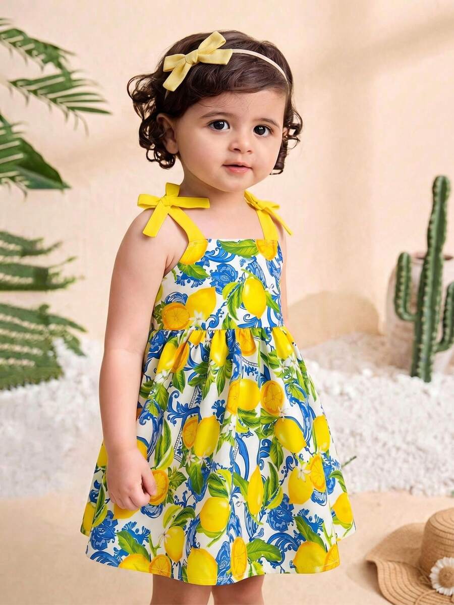 Little Girls Floral Print Sleeveless Dress With Bow Tie Waist Cute Summer Outfit