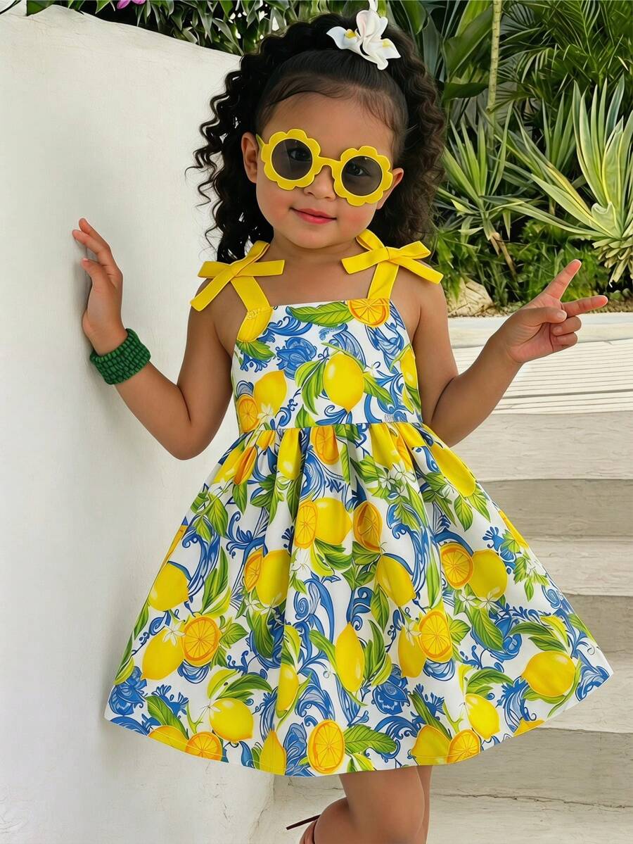 Little Girls Floral Print Sleeveless Dress With Bow Tie Waist Cute Summer Outfit