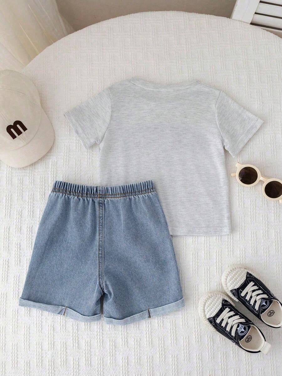 Baby Boy Black and White Striped T Shirt and Denim Shorts 2 Piece Casual Spring Summer Outfit Set