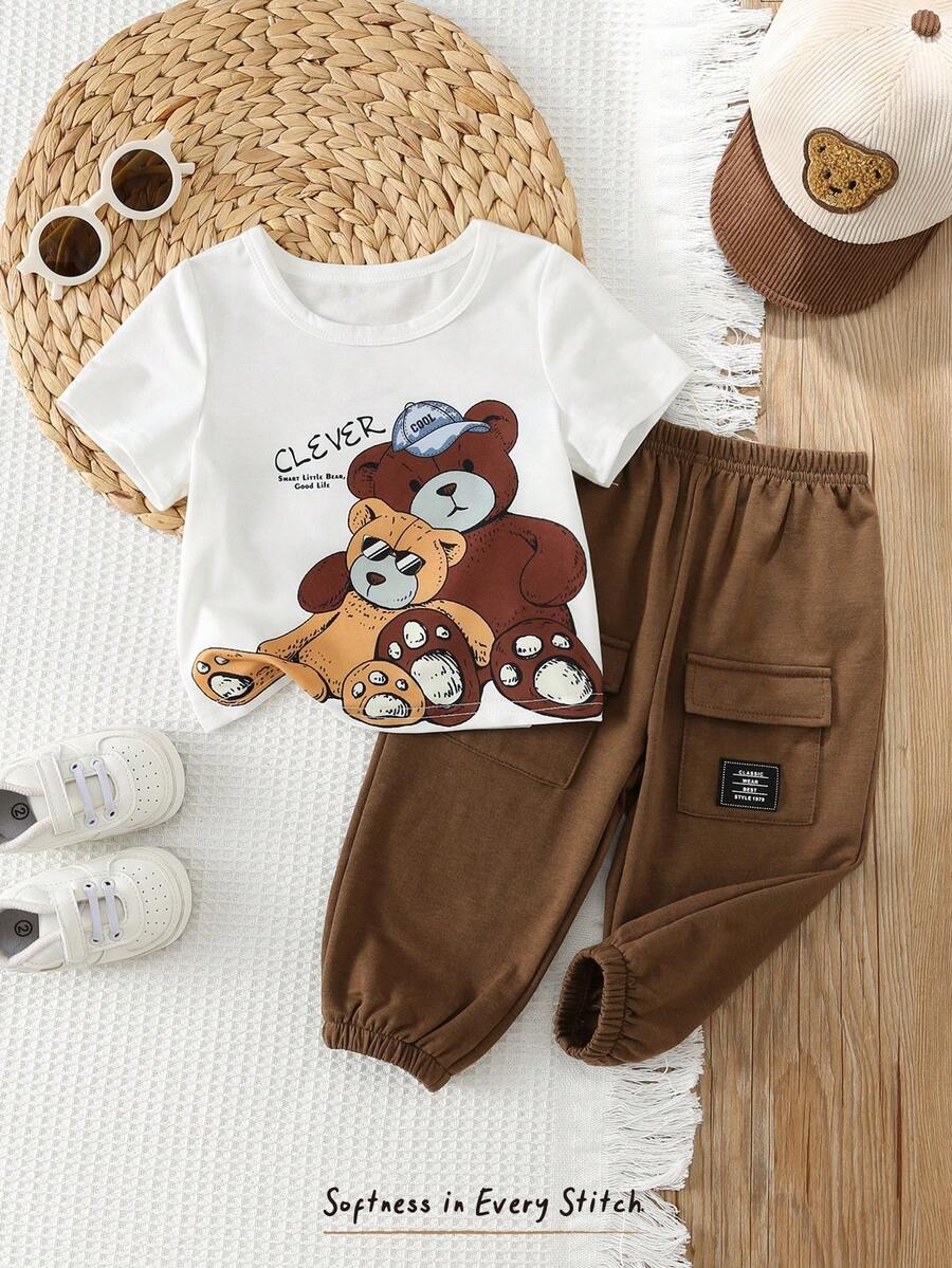 Baby Boy Letter Print T Shirt and Large Pocket Pants 2 Piece Casual Outfit Set for Spring Summer Autumn