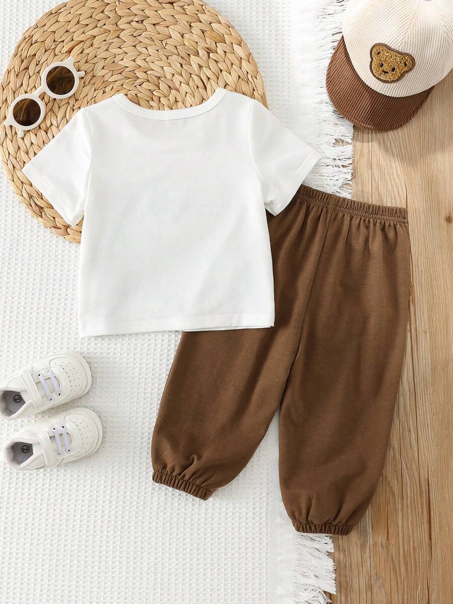Baby Boy Letter Print T Shirt and Large Pocket Pants 2 Piece Casual Outfit Set for Spring Summer Autumn