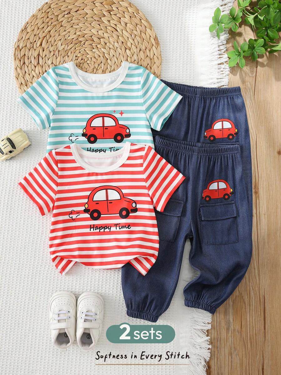 Baby Boy Letter Print T Shirt and Large Pocket Pants 2 Piece Casual Outfit Set for Spring Summer Autumn