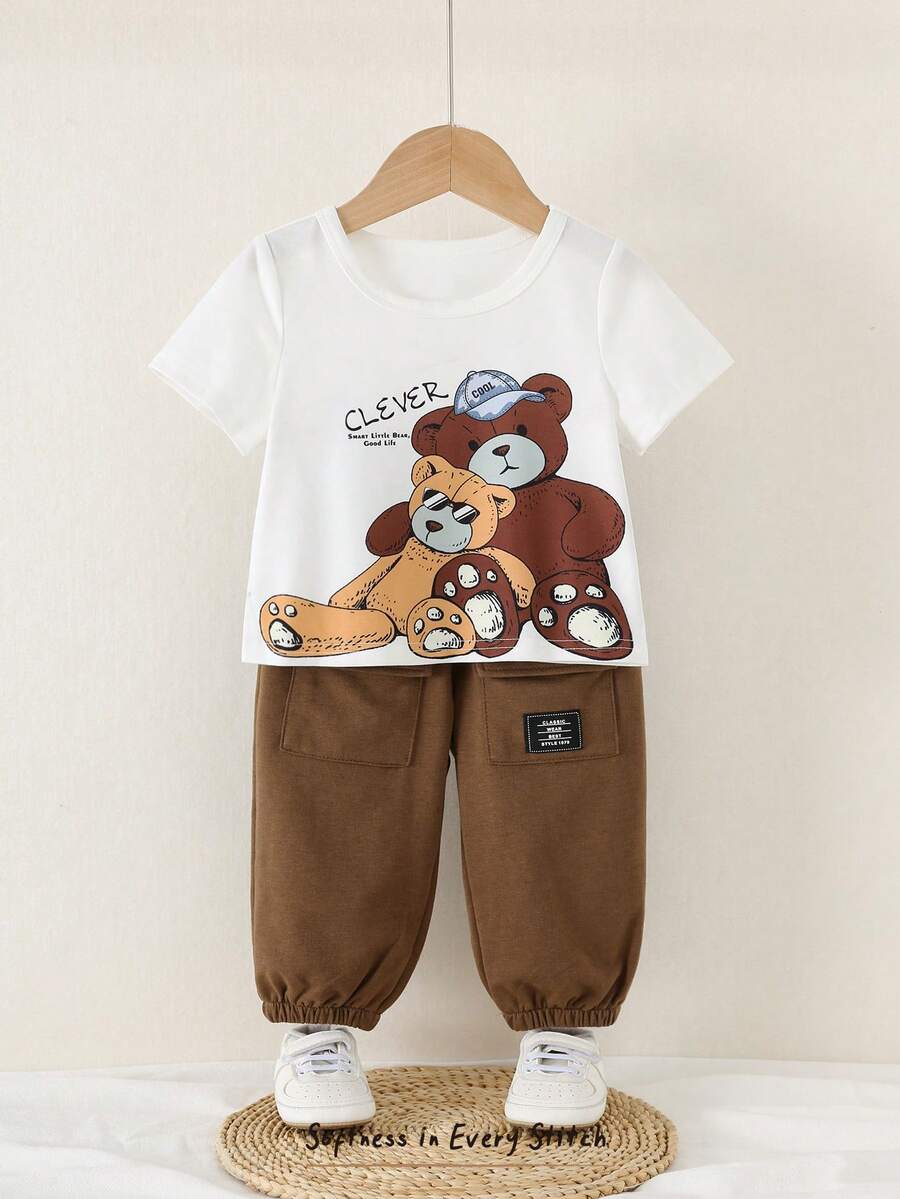 Baby Boy Letter Print T Shirt and Large Pocket Pants 2 Piece Casual Outfit Set for Spring Summer Autumn
