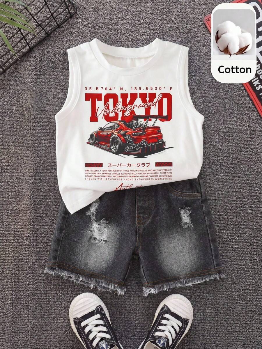 Baby Boy Car Graphic Tank Top and Denim Shorts 2 Piece Casual Summer Outfit Set