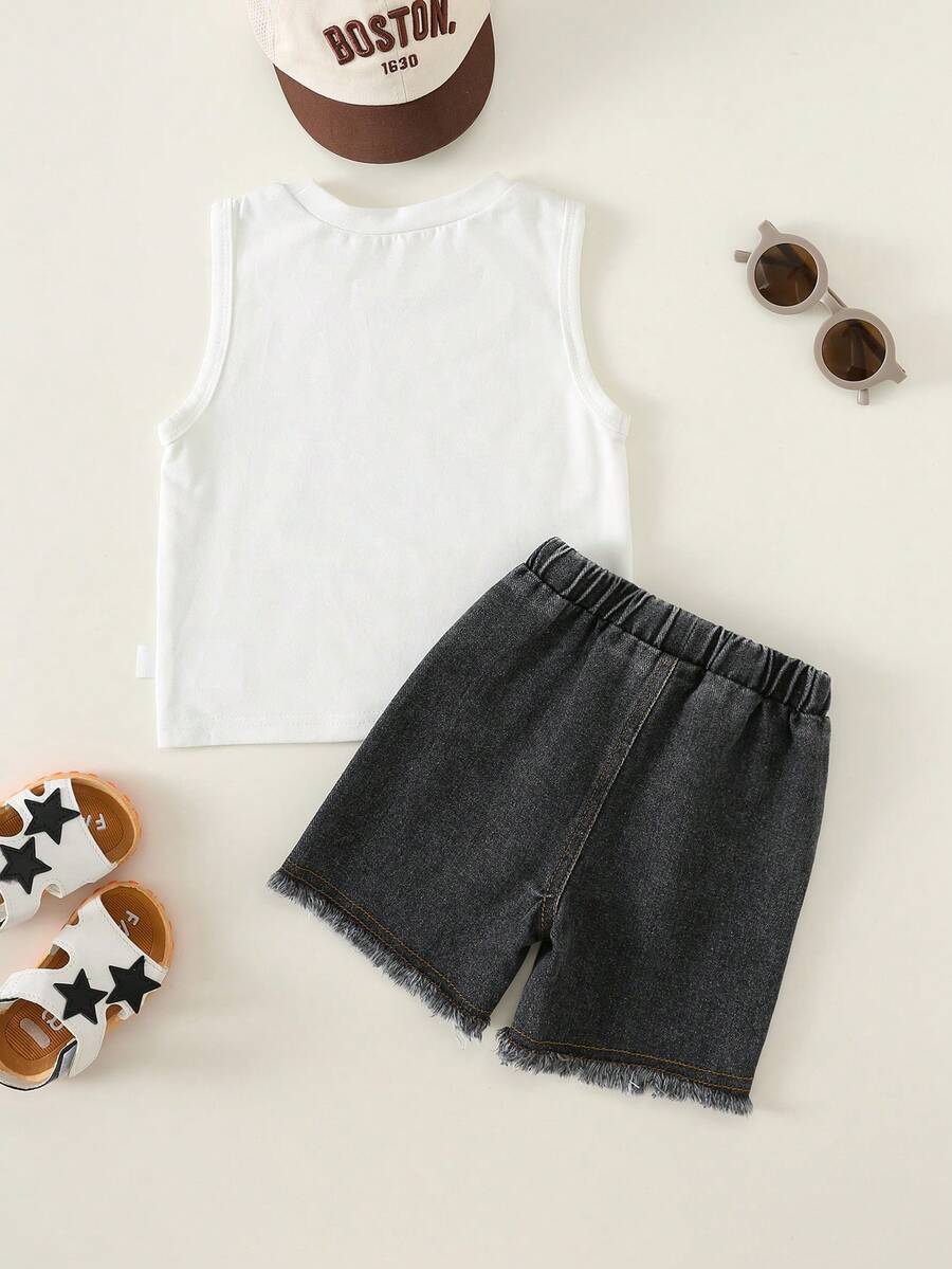 Baby Boy Car Graphic Tank Top and Denim Shorts 2 Piece Casual Summer Outfit Set