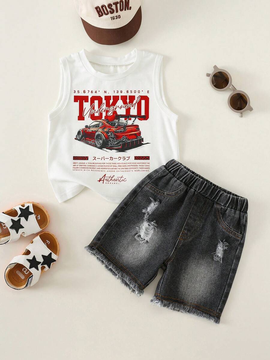 Baby Boy Car Graphic Tank Top and Denim Shorts 2 Piece Casual Summer Outfit Set