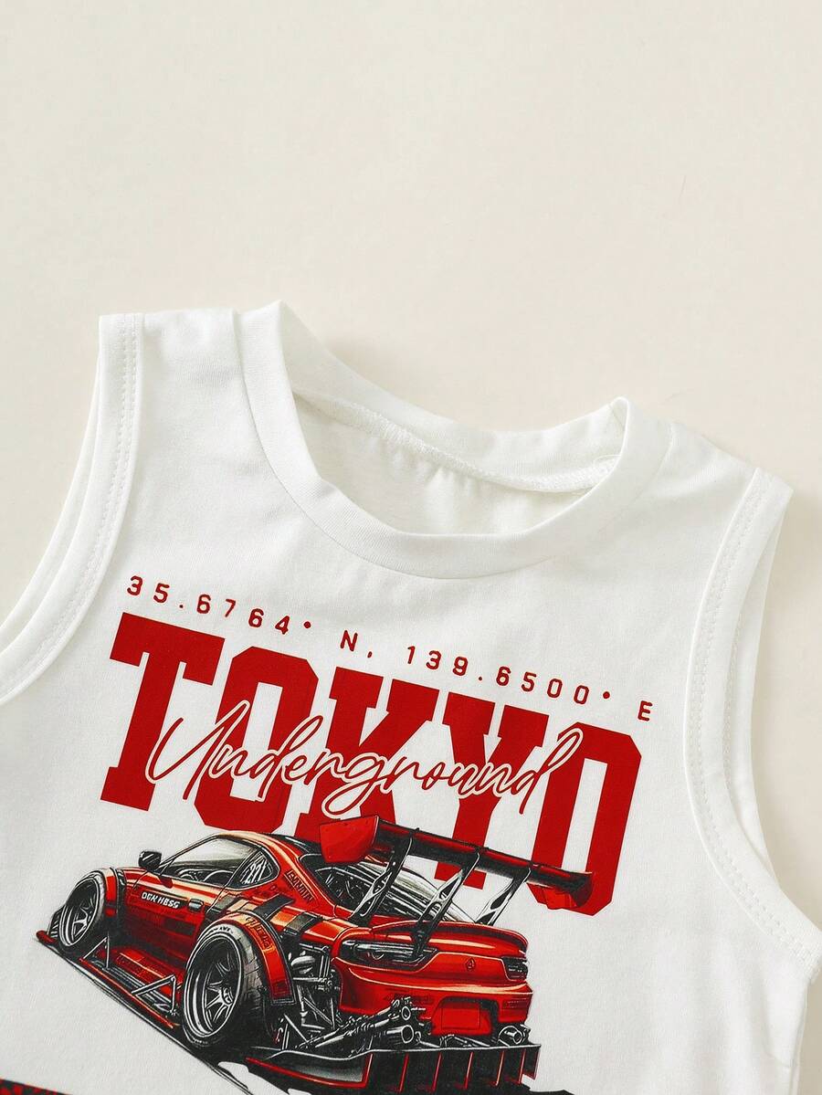 Baby Boy Car Graphic Tank Top and Denim Shorts 2 Piece Casual Summer Outfit Set