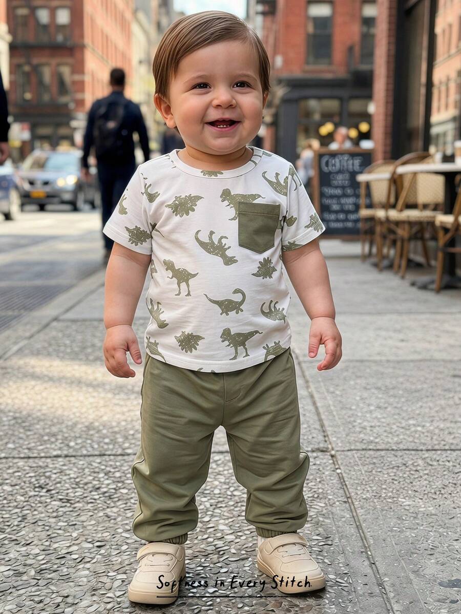 Baby Boy Letter Print T Shirt and Large Pocket Pants 2 Piece Casual Outfit Set for Spring Summer Autumn