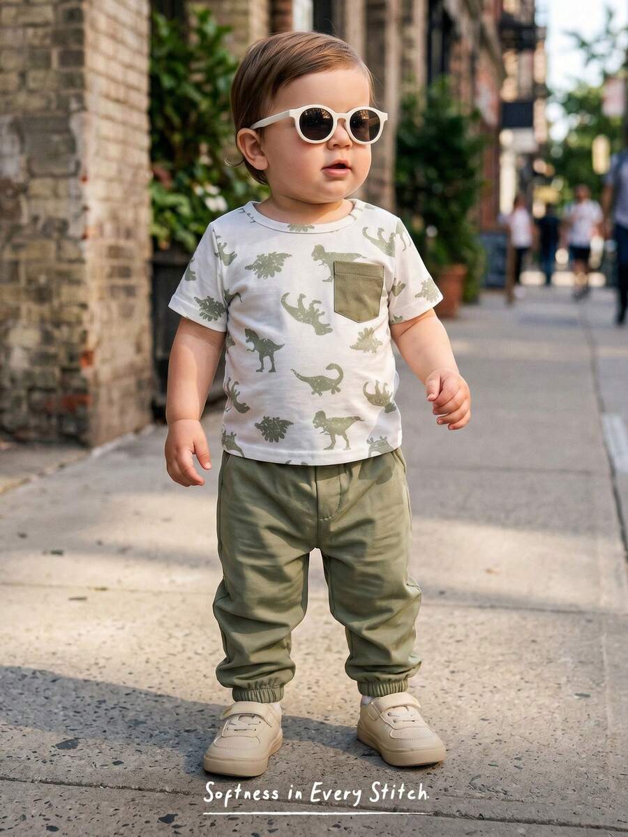 Baby Boy Letter Print T Shirt and Large Pocket Pants 2 Piece Casual Outfit Set for Spring Summer Autumn