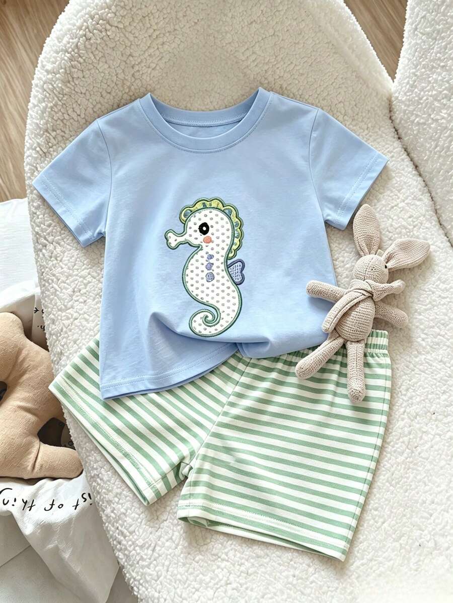 Baby Boy Sun Print T Shirt and Striped Shorts 2 Piece Summer Vacation Outfit Set