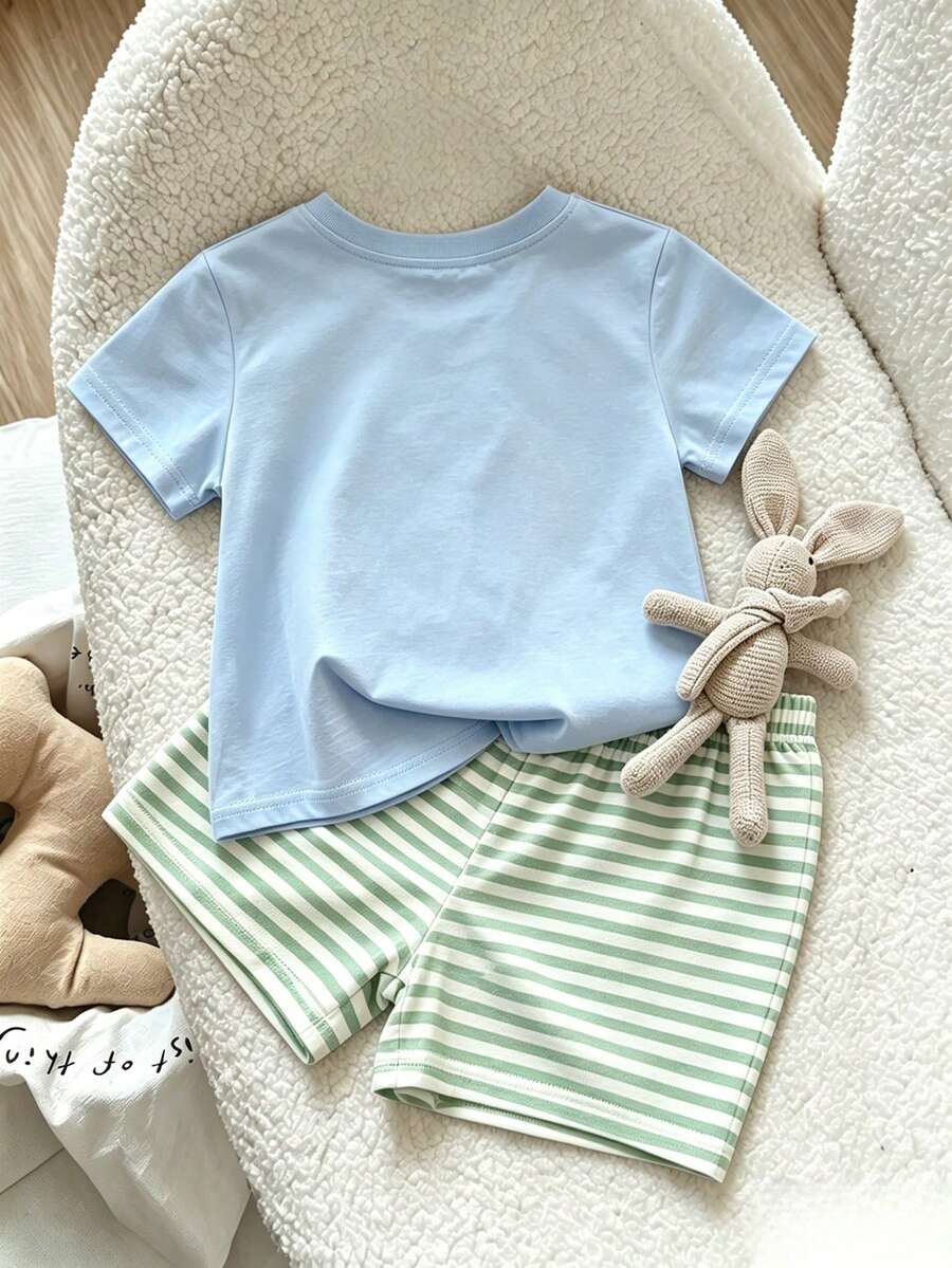 Baby Boy Sun Print T Shirt and Striped Shorts 2 Piece Summer Vacation Outfit Set