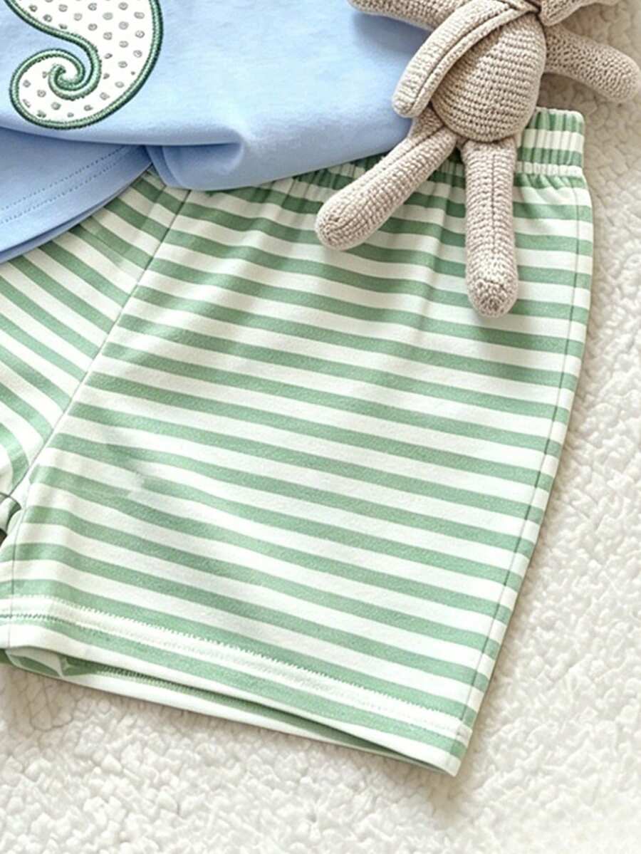 Baby Boy Sun Print T Shirt and Striped Shorts 2 Piece Summer Vacation Outfit Set