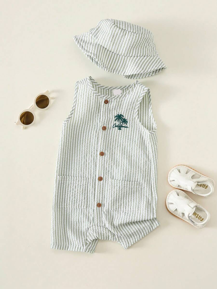 Unisex Baby Green White Striped Sleeveless Jumpsuit and Bucket Hat 2 Piece Summer Vacation Outfit Set