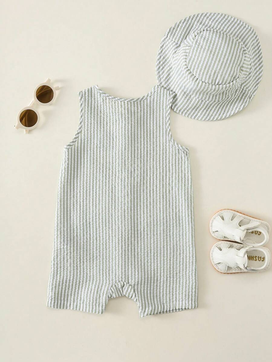 Unisex Baby Green White Striped Sleeveless Jumpsuit and Bucket Hat 2 Piece Summer Vacation Outfit Set