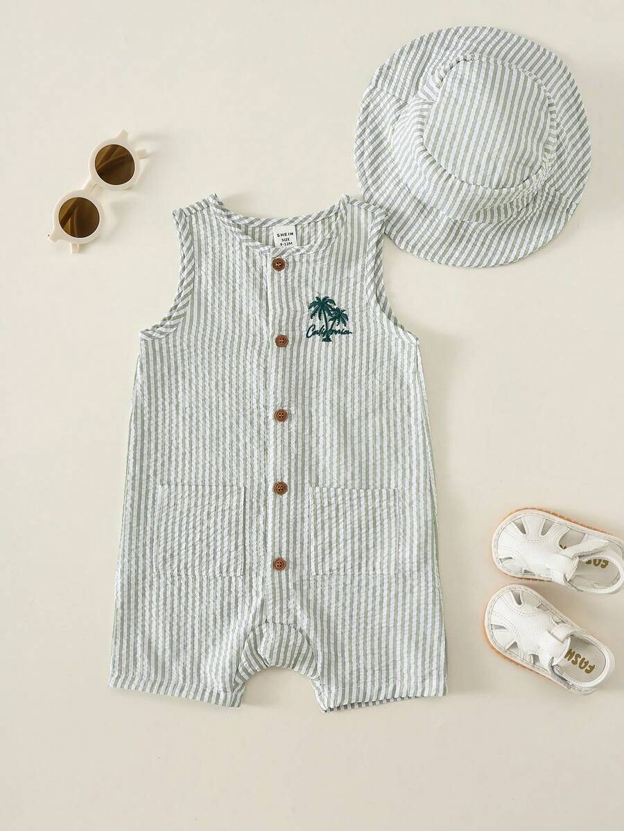 Unisex Baby Green White Striped Sleeveless Jumpsuit and Bucket Hat 2 Piece Summer Vacation Outfit Set